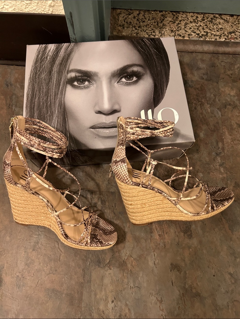 Jennifer Lopez Taupe Snake-Print Wedge Sandals with Jute Platform